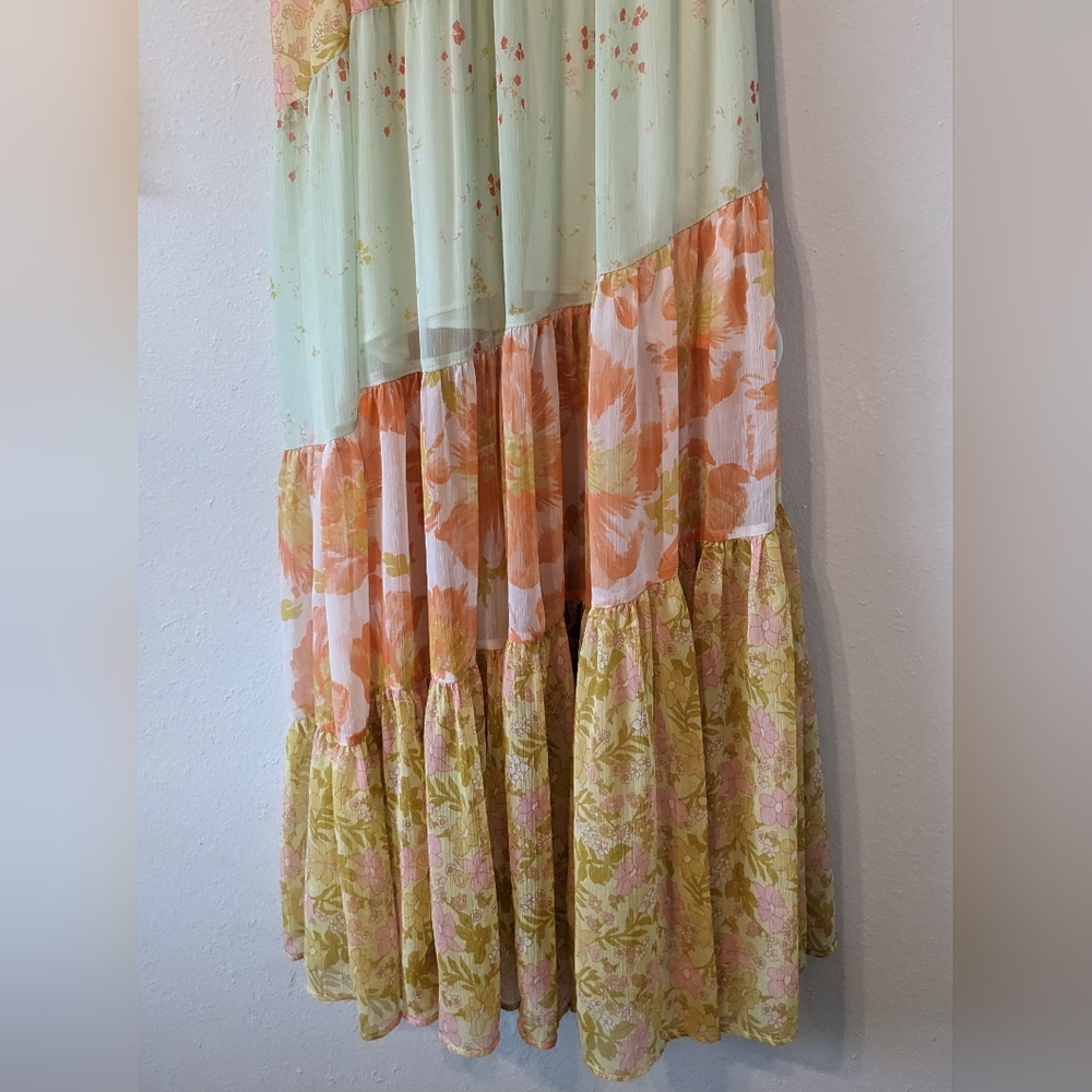 Free People Diagonal Tiered Floral Maxi Dress in Mint, Peach & Yellow - Picture 6 of 15